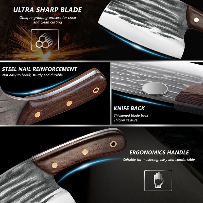 zeng 8 Pieces Butcher Knife Set with Roll Bag, Chef Knife Set for Meat Cleaver Cutting & Viking Knives with Ergonomic Handles, Stainless Steel Hand Forged Kitchen Knife Set for Home, Cooking, Camping - Image 4